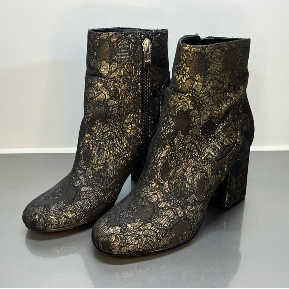 Marc Fisher gold metallic paisley brocade ankle boots